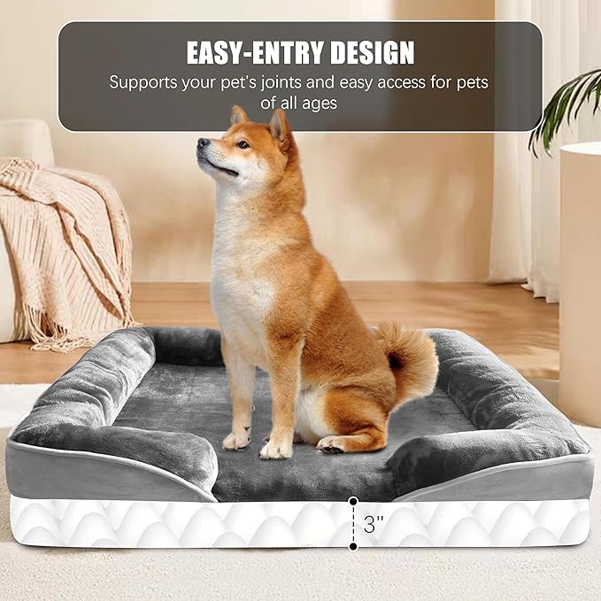 Orthopedic Dog Bed with Sides - Dog Sofa Beds for Large Dogs Supportive Foam Pet Couch Bed with Washable Removable Cover Waterproof Lining and Non-Slip Bottom Grey - L