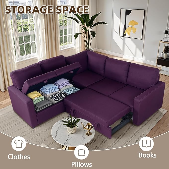 Sleeper Sofa Couch with Pull Out Bed L Shaped Couch Bed with Storage Sectional Sleep Couches Convertible Sleeper Sofa Beds W/Reversible Chaise&ampBack Cushion for Living Room Purple