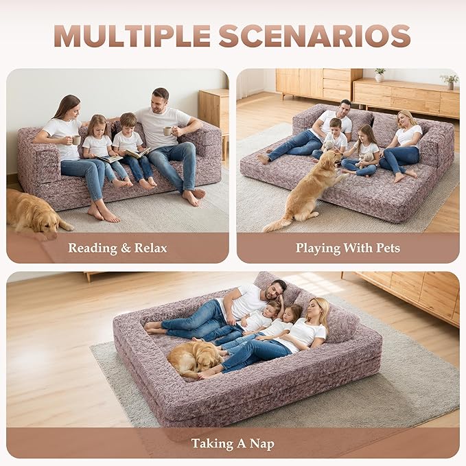 HABUTWAY Convertible Sofa Bed 3-in-1 Futon Sofa Bed with Pillow Foldable Pull Out Floor Sofa Bed with Removable Cover Plush Boneless Couch for Living Room/Bedroom/Dorm(QueenCaramel)