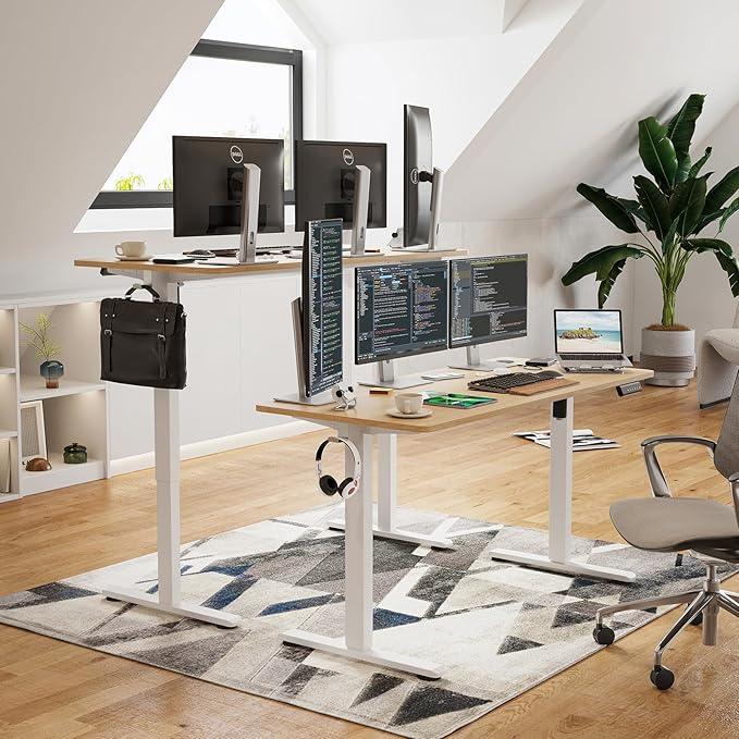 Electric Height Adjustable Standing Desk with Splice Board - Computer Gaming Desks Home Office Corner Desks Bedroom Craft Study Table Work Standing DeskNatural