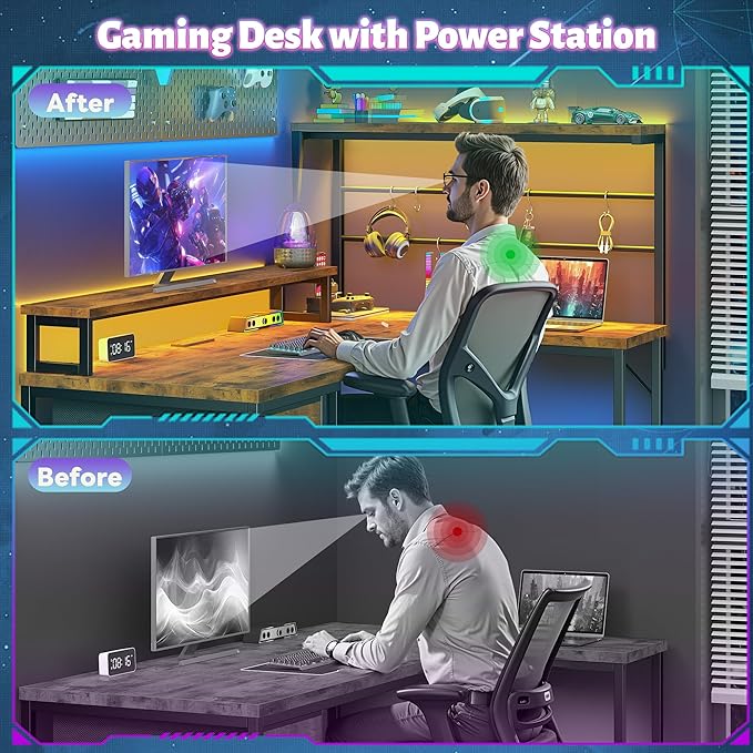 EnHomee 53 Inch Computer Desk with Power OutletGaming Desk with LED LightReversible Office Desk with Hutch &amp Monitor Stand L Shaped Corner Desk with Drawers &amp HooksHome Office Writing Desk