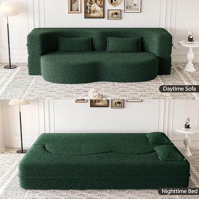 Newfun 78 Convertible Sofa Bed 2 in 1 Folding Couch Bed Futon Sofa Bed with Two Pillows Loveseat Sofa for Living Room Bedroom Lounge Compressed Modern Sofa No Assembly Required (Green)