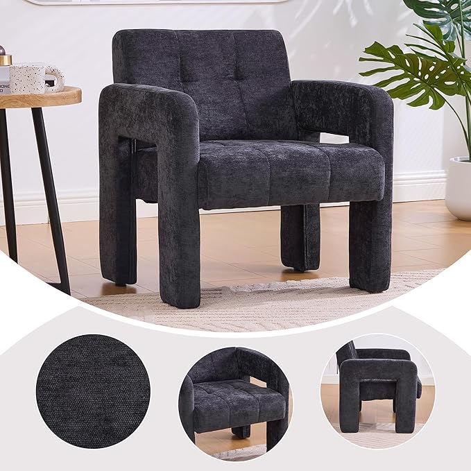Upholstered Armchair Modern Accent Chair with Chenille Fabric for Living Room Comfortable Padded Single Seat Lounge Chair for Bedroom Office Reading Nook (Black)