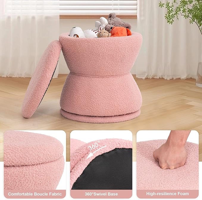 DHMAKER Round Storage Ottoman Swivel Teddy Vanity Stool ChiarModern Sherpa Footstool Makeup Chair Upholstered Footrest for Living Room Bedroom EntrywayPink