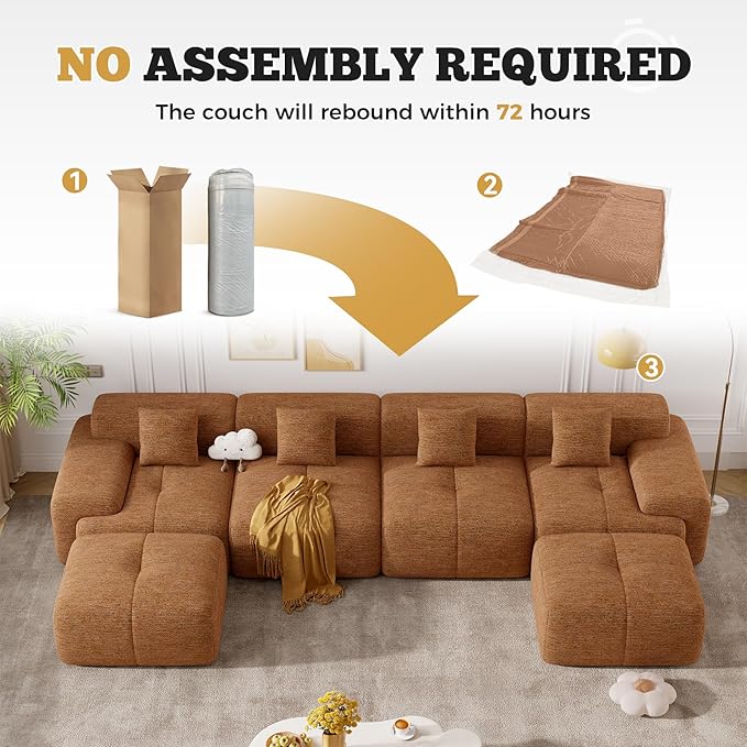 158 Modern U Shaped Modular Sectional Sofa Boneless Couches for Living Room with Ottoman6 Seater Convertible Chenille Cloud Couch Sofa Set No Assembly Required Orange 1 PCS