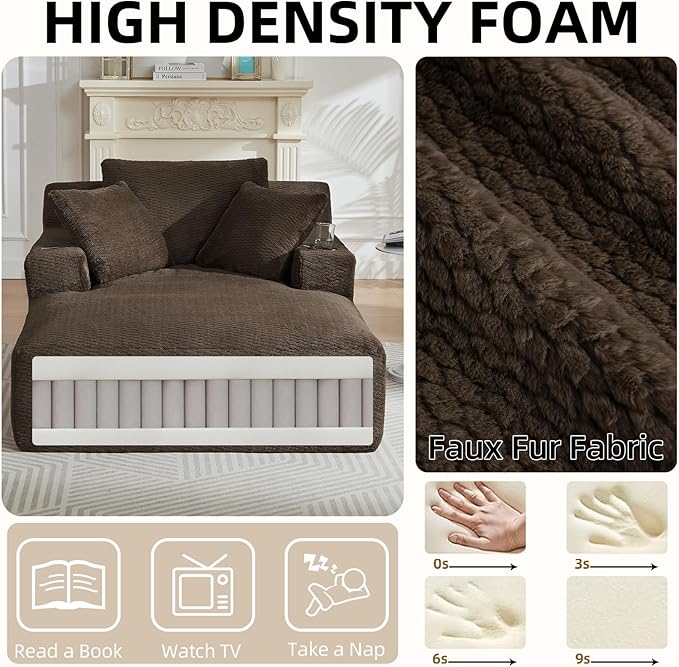 Oversized Chaise Lounge Chair - Upholstered Couch Cloud Boneless ChairDeep Seat Sleeper Sofa with Cup Holders and Side PocketsComfy Reading Chair for Living Room (Dark Brown)