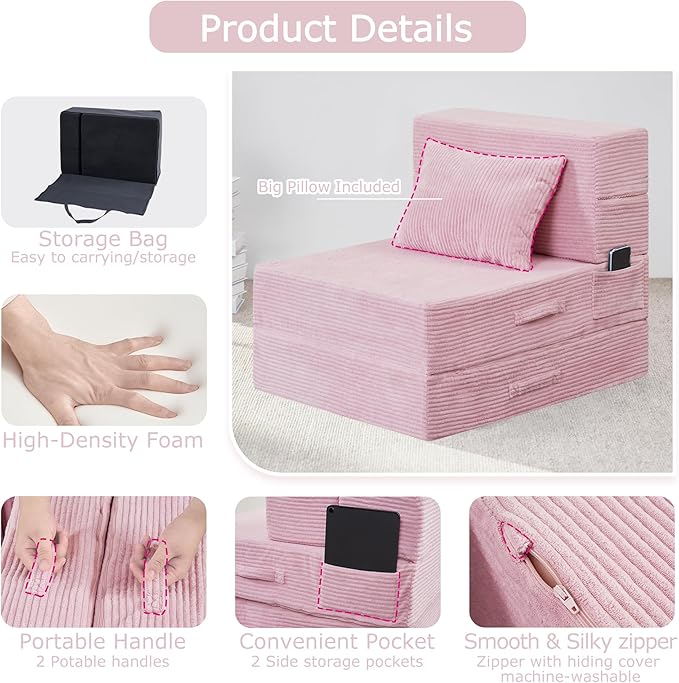 Folding Sofa Bed 4 in 1 Convertible Sleeper Chair with Pillow Single Memory Foam Fold Out Chair Bed Modern Floor Futon Sofa Couch Mattress for Living Room/Guest/Apartment Pink