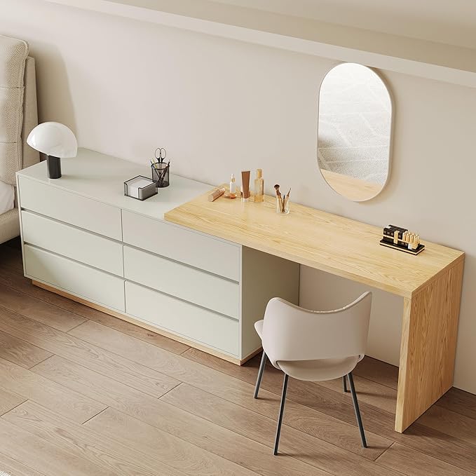 Mid - Century Modern Stretchable L-Shaped Desk with Drawers 56 to 98.5 Extendable Writing Desk with Storage for Home Office Bedroom &amp Living Room Beige