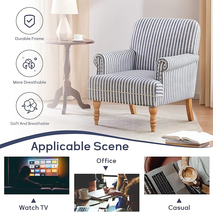 HUIMO Linen Fabric Accent Chair Mid-Century Modern Armchair with Solid Wood Legs Single Sofa ChairUpholstered Reading Club Chair (1 Dark Blue and White Stripe)