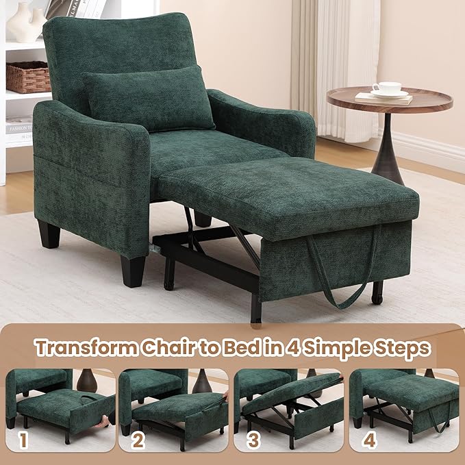 3 in 1 Convertible Sofa Bed Chair Pull Out Single Sleeper Chair Bed with Adjustable Backrest Modern Lounge Sofa for Small SpaceDark Green