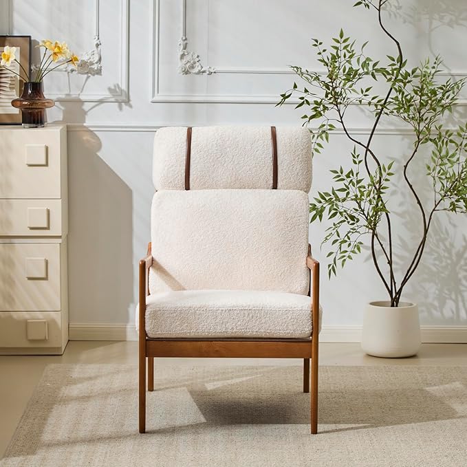 Merax Mid Century Modern Accent Chair High Back Armchair with Beige Boucle Upholstered Cushions and Solid Wood Frame Ergonomic Lounge Chair for Living Room/Bedroom/Reading Nook