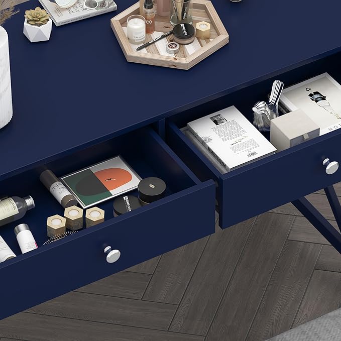 WiberWi Home Office Desk with Drawers Modern Writing Computer Desk for Bedroom Small Navy Makeup Vanity Table Study Table
