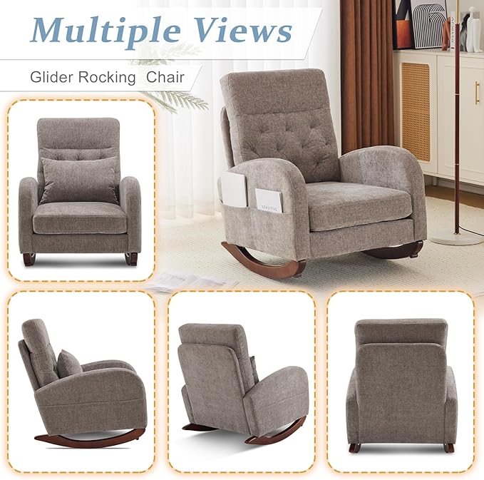 VINGLI Chenille Low Seat Rocking Chair Upholstered Nursery Glider Chair with Side PocketsAccent Arm Chair with High BackrestComfy Head Rest and Solid Wood Base For Living Room Bedroom BalconyGrey