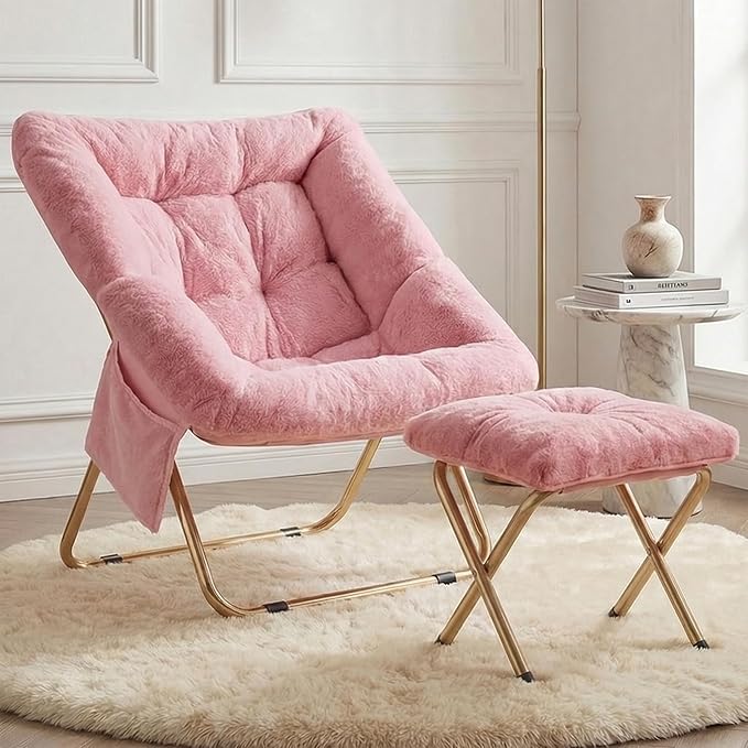 Comfy Saucer Chair for Adults Foldable Living Room Chairs Soft Faux Fur Lounge Chair for Bedroom Reading Chairs X-Large (Ottoman-Pink)