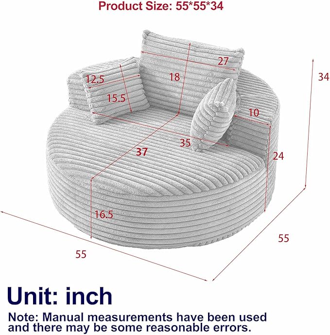 55 inch Chaise Lounge Chair Indoor Oversized Round Accent Chair Modern Corduroy Sponge Single Sofa Fluffy Sleeper Chair Deep Seat Comfortable Chair for Living Room Bedroom Apartment Beige
