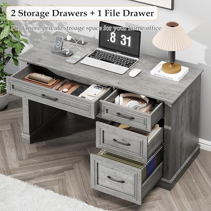 Farmhouse 47 Executive Desk Computer Desk with Drawers and File Drawer Workstation Computer Desk with Charging Station for Home Office Study (Grey)