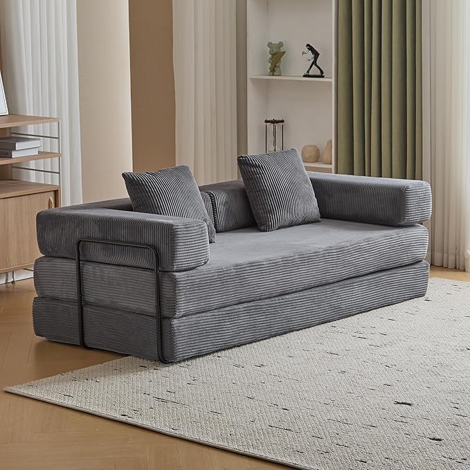 Folding Sofa Bed Modular Sectional Cloud Couch Convertible Sleeper Sofa Bed with Pillow Back Support Armrest for Living Room Bedroom Lounge No Assembly Required Corduroy (Dark Grey)