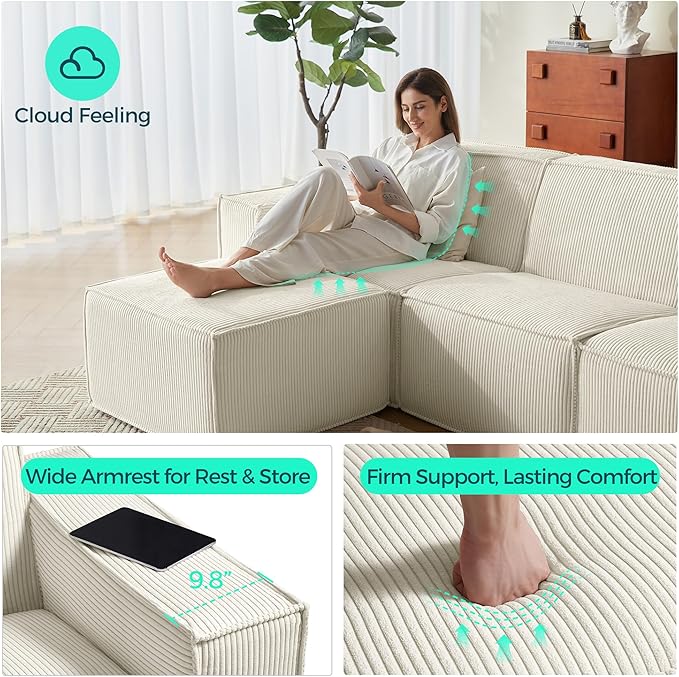 LINSY HOME Oversized Modular Sectional Sofa 105 Cloud Couch L Shaped 3-Seat Sofa with 2 Movable Ottomans Corduroy Sectional Couches for Living Room No Assembly Required Beige