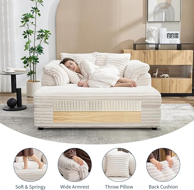 Oversized Chaise Lounge Chair Indoor Upholstered Sofa Bed with Throw Pillows and Armrests Comfy Corduroy Sleeper Couch with Cup Holders and Charging Port for Living Room Bedroom 60 Inch Wide White