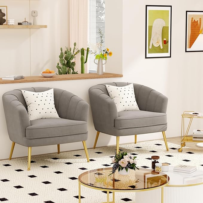 Velvet Accent Chair for Living Room Bedroom Office - Upholstered Single Sofa Arm Chair With Metal Legs Comfy for Reading Leisure Club Coffee - Grey