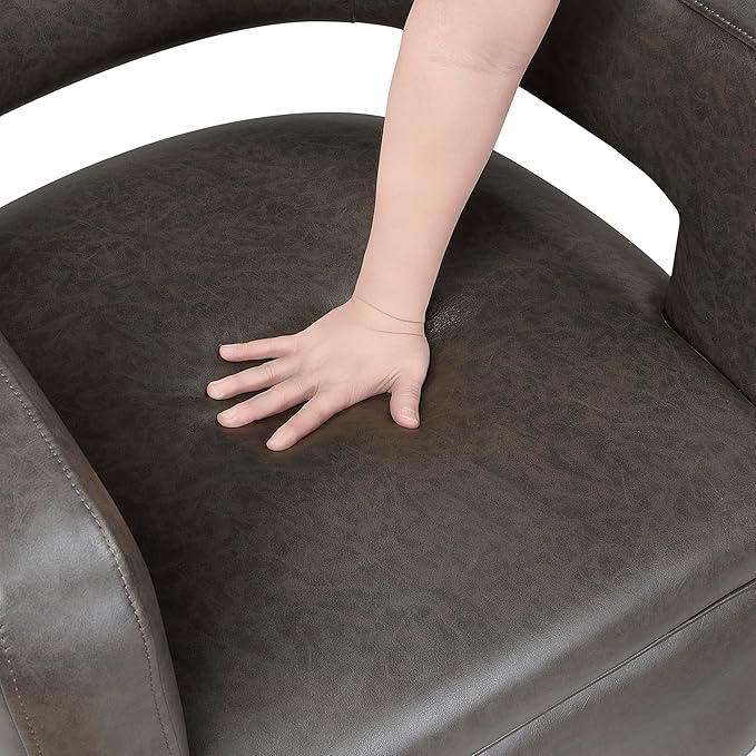 Lexicon 360 Degree Swivel Accent Chair Upholstered Modern Faux Leather Swivel Barrel Chair Attached Cushion Comfy Round Open Back for Living Room/Bedroom/Office/Apartment Assembled Dark Coffee