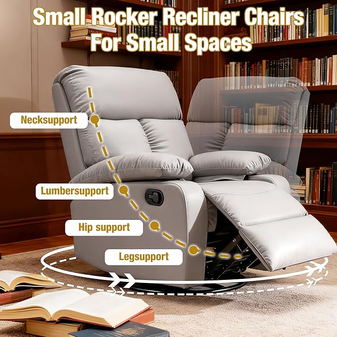 Swivel Rocker Recliner Rocking Chair Nursery Small Rocker Recliners for Small Spaces Living Room Bedroom Nursery RV Light Grey