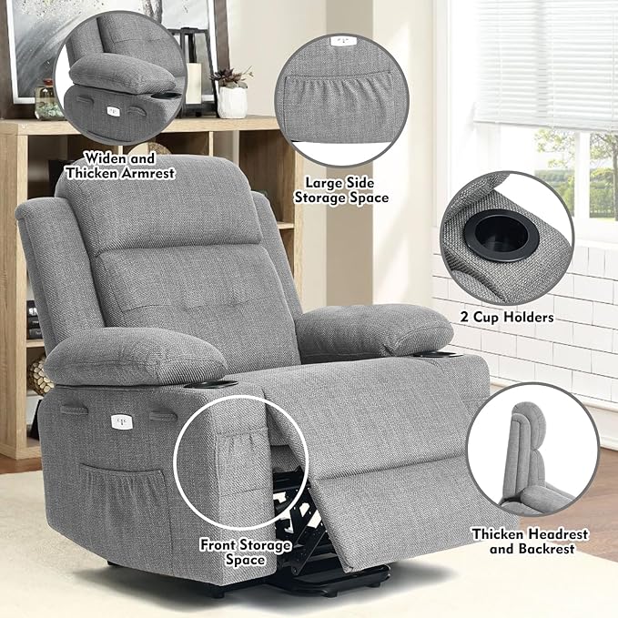 Polar Aurora Power Lift Chair for ElderlyElectric Recliner Chair with Heating and Vibrating MassageLiving Room Chair with Adjustable BackThickened armrestUSB Ports2 Cup HoldersGray