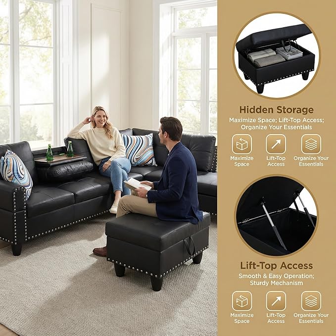 L-Shaped Sectional Sofa with Movable Chaise &amp Storage Ottoman - 3-Piece Leather Modular Convertible Couch for Living Room Apartment &amp Home Office Gloss Black