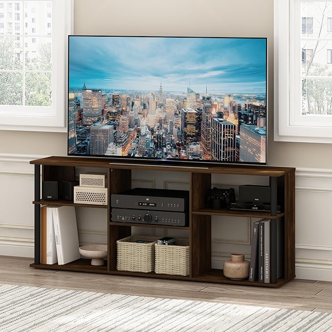 Furinno Classic TV Stand 3-Tier Entertainment Center with Open Shelf Open Back TV Console for TV up to 65 Inch with Plastic Poles for Living Room Bedroom Amber Oak