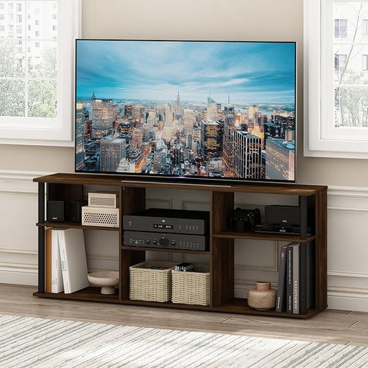 Furinno Classic TV Stand 3-Tier Entertainment Center with Open Shelf Open Back TV Console for TV up to 65 Inch with Plastic Poles for Living Room Bedroom Amber Oak