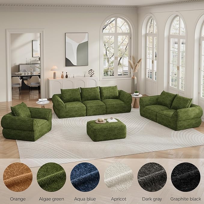 104 Modular Sectional Sofa with Deep Seat Comfortable Upholstery L Shaped Cloud Couch for Living Room 3-Seater Boneless Sofa with Movable Ottoman Removable Cover No Assembly Required Algae Green