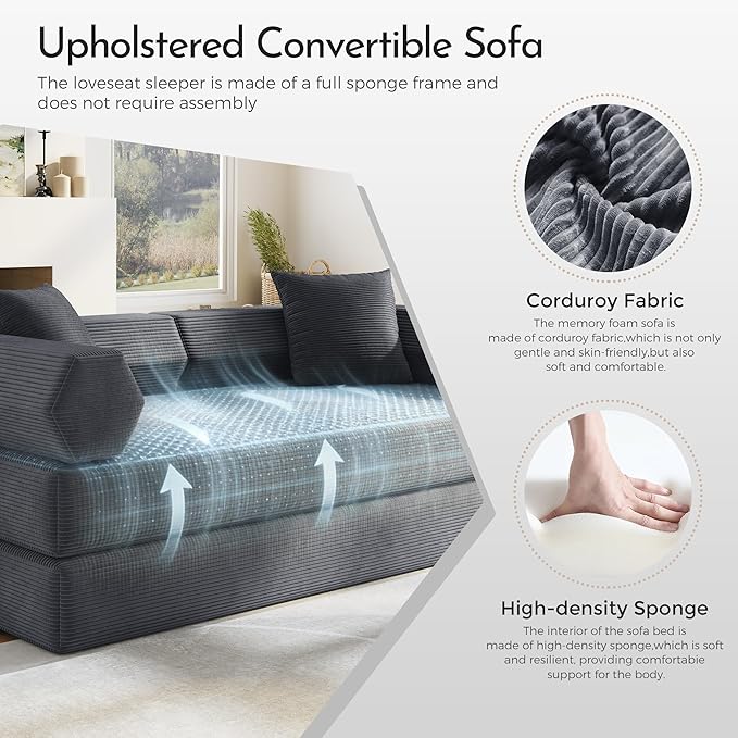 79'' Convertible Sofa Bed 5-in-1 Folding Sleeper Couch with Pull Out Bed Corduroy Modular Floor Sofa No Assembly Space Saving Guest Bed for Living Room Apartment Bedroom (Dark Gray1) | Convertible