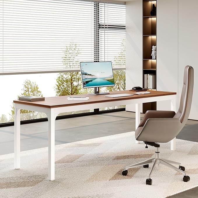 LITTLE TREE 78.7-Inch Ultra Long Double Desk Writing Gaming Work Computer Two-Person Desk for Home Office Walnut + White