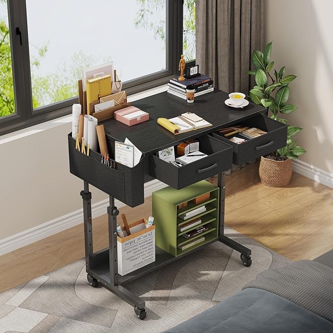 Small Portable Rolling Standing Desk - 32 Inch Adjustable Mobile Stand Up Gaming Desks with 2 Fabric Drawers on Wheels Couch Sofa Side Laptop Table with Storage for Home Office Black