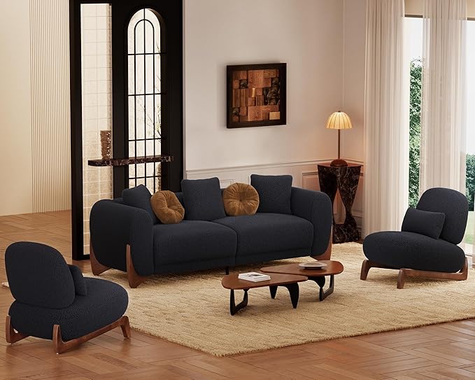 Morden Fort Sherpa Boucle Chair Single Tilted Modern Wood Chair with Thick Cushion Comfortable Lumbar Pillow Armless Reading Accent Chair Compatible with Sofa Set Couch for Living Room Black