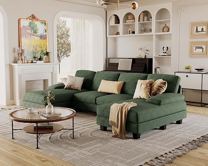 Furmax Sectional Couches for Living Room U-Shaped Sofa Couch with Linen Fabric 4 Seat Sofa Set with Double Chaise for Apartment (Corduroy Dark Green)