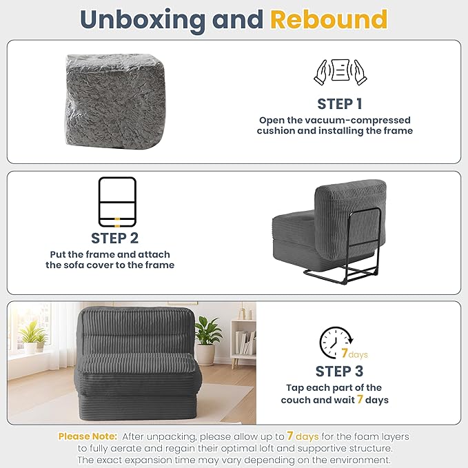Single Convertible Sofa Bed with Fixed Frame &amp Thickened Cushion Boneless Couch Folding Chair Bed with 5-Position Adjustable Backrest Pull-Out Futon with Pillow for Small Spaces ApartmentGrey