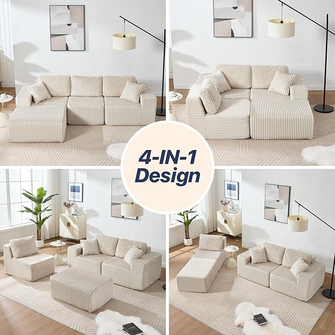 101.5'' Modular Sectional Sofa Cloud Sectional Couch with Deep Seat Comfy Fluffy L Shaped Couches Memory Foam Sofa with 1 Ottoman Corduroy Boneless Couch No Assembly Required Beige