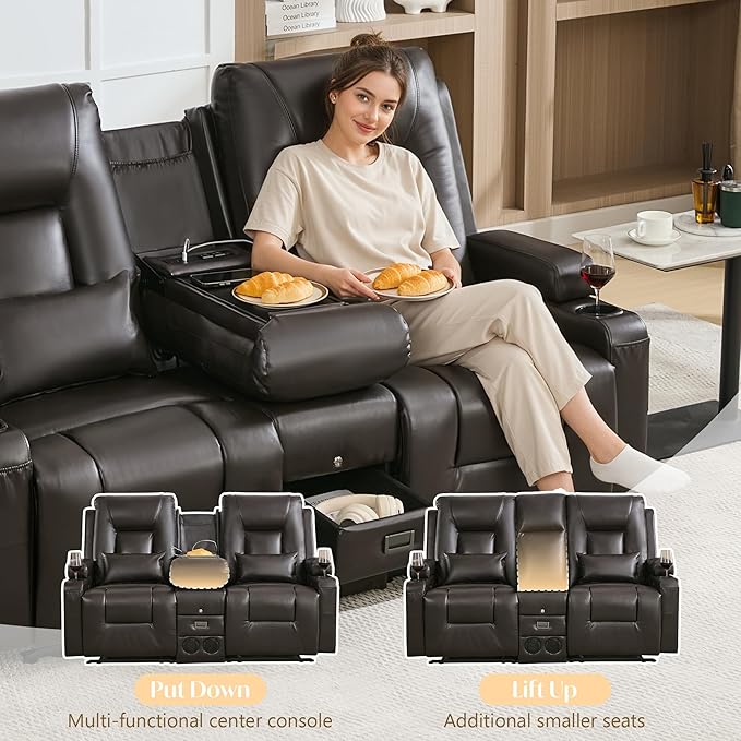 Houjud Manual Reclining Loveseat Sofa with Console PU Leather Recliner Sofa RV Couch with Bluetooth Speakers USB Charging AC Outlets and Pillow for Home Theater Dark Brown