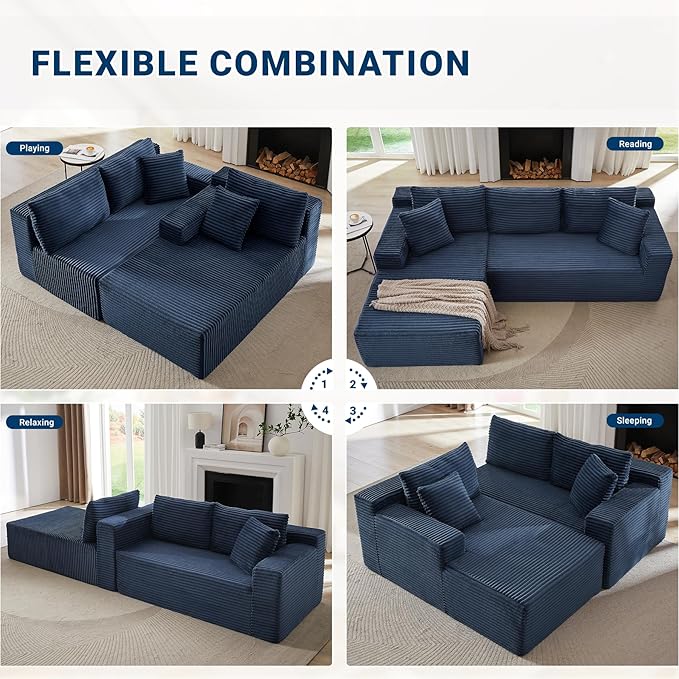 Sectional Couch with L-Shape Chaise 103 Modular Sectional Sofa with Deep Seat Modern Corduroy Couch Lazy Compression Sofa for Living Room No Assembly Required Left Facing Chaise Blue