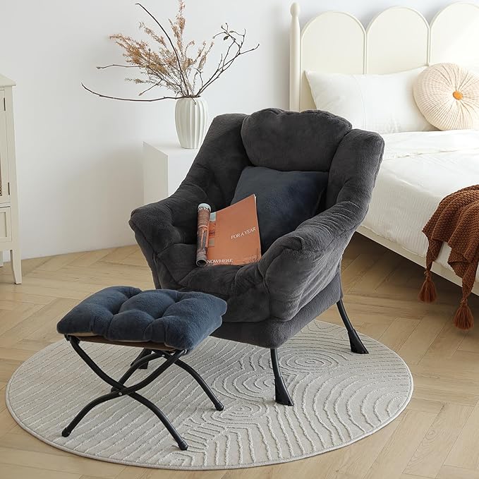 Lazy Chair with Ottoman Large Blue Gray Accent Chair with Ottoman and FA Throw Pillow Comfy Plush Reading Chair for Living Room Bedroom Dorm Room Office Apartment Relaxing Use