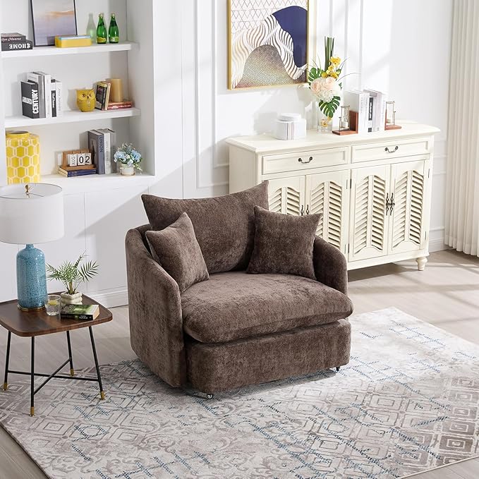 360 Degree Swivel Accent Chair Oversized 37.4 inch Extra Wide Barrel Swivel Chairs with Deep Seat for Living Room Club Reading Bedrooms (Chenille Brown)