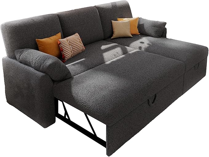 AMERLIFE Sleeper Sofa 2-in-1 Sofa Bed with Storage Chaise Pull Out Sofa Couch for Living Room Guest Room Boucle Dark Grey