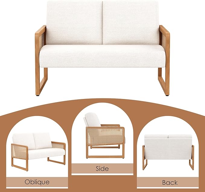 Small Loveseat Sofa with Rattan Arms Linen Mini Couch for Living Room Bedroom Modern Upholstered Love Seat with Wood Legs Ivory