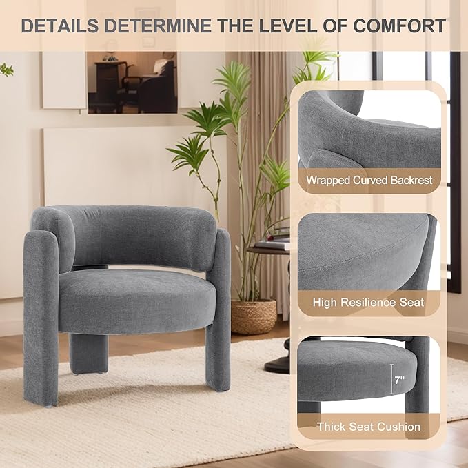 Modern Accent Barrel ChairMid Century Single Armchair with Curved Backrest Upholstered Side Reading Chair with 3 Legs Comfy Sherpa Chair for Bedroom and Living Room (Gray Set of 1)