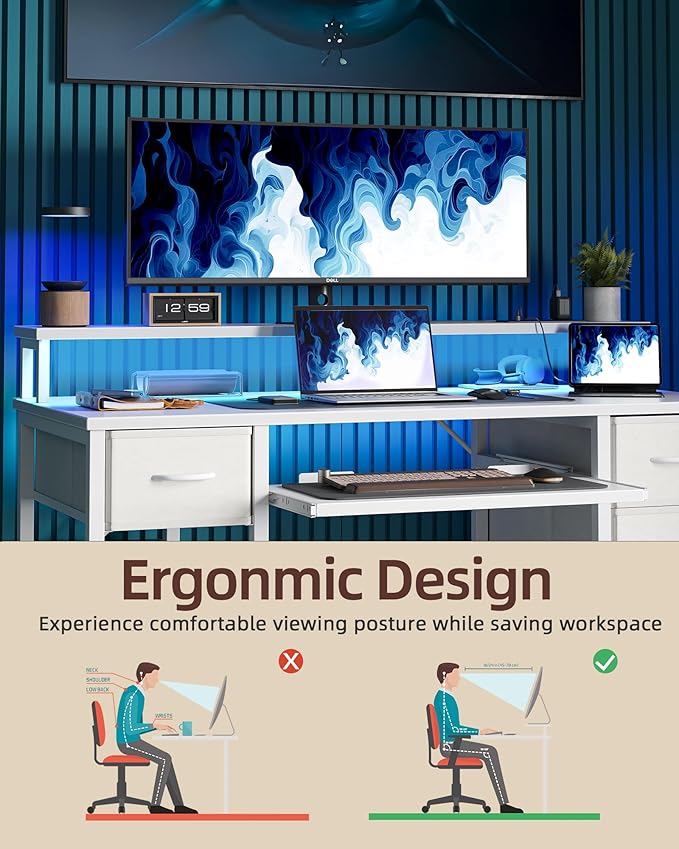 TIQLAB Computer Desk with Drawers and Power Outlets 47 Inch Gaming Desk with LED Lights Home Office Desk with Monitor Stand and Keyboard Tray Study Writing Work Desk for Home Office White