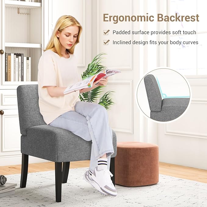 Giantex Armless Accent Chair Set of 4 Upholstered Living Room Chair with Rubber Wood Legs Modern Slipper Side Chair Reading Chair for Living Room Bedroom Waiting Room Office Small Spaces Grey