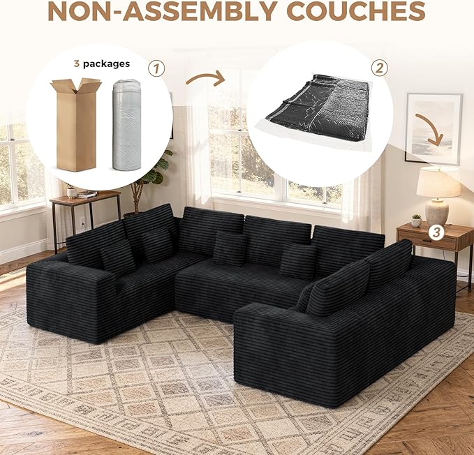 136'' Large Sectional Cloud Couches with Chaise U Shaped Boneless Loveseat Sofa No Assembly Required Deep Seat Modular Lounge for Living Room 3PCS Set Bedroom(Black)