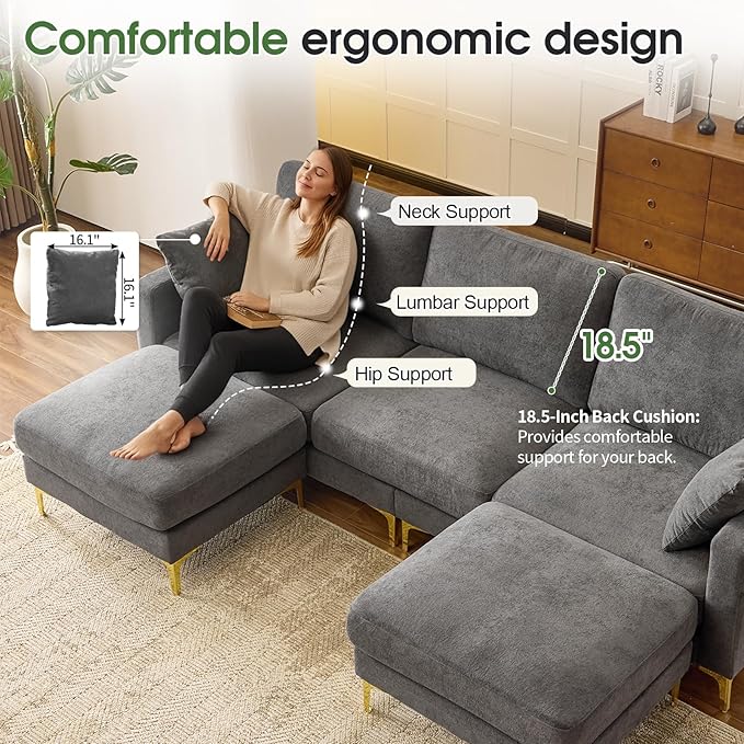 VINGLI 100 W U Shaped Couch with Ottoman 22 Deep Seat Comfortable Sectional Couches for Living Room 3 Seater Chenille Fabric Cloud Sofa for Apartment Small Spaces Bedroom Grey
