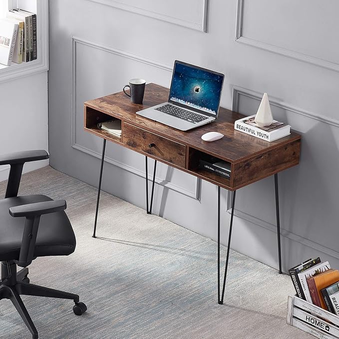 VECELO 39.3 Home Office Work Table with DrawersComputer Desk with Hairpin Leg for Writing/StudyRetro Brown